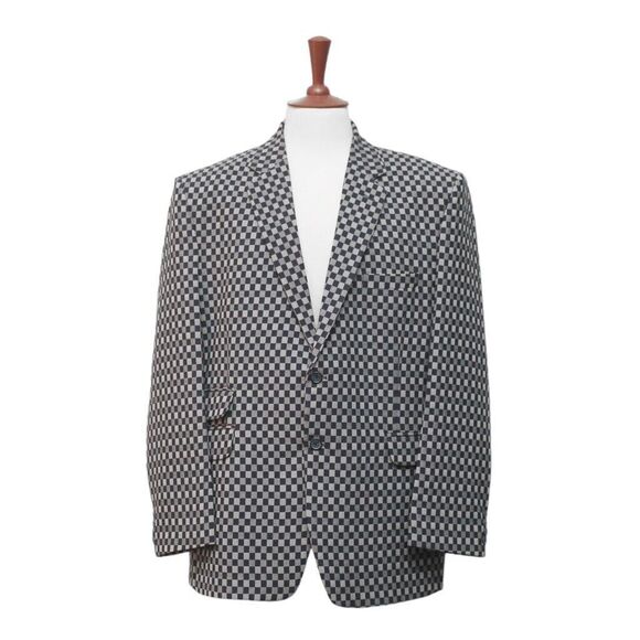 Mens Blazer Blue Gray Geometric Check Wool Formal Jacket Wedding Sport Coat 48R